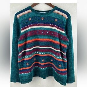 Vintage Alfred Dunner Teal and Multicolor Patterned Embroidered Chenille Sweater